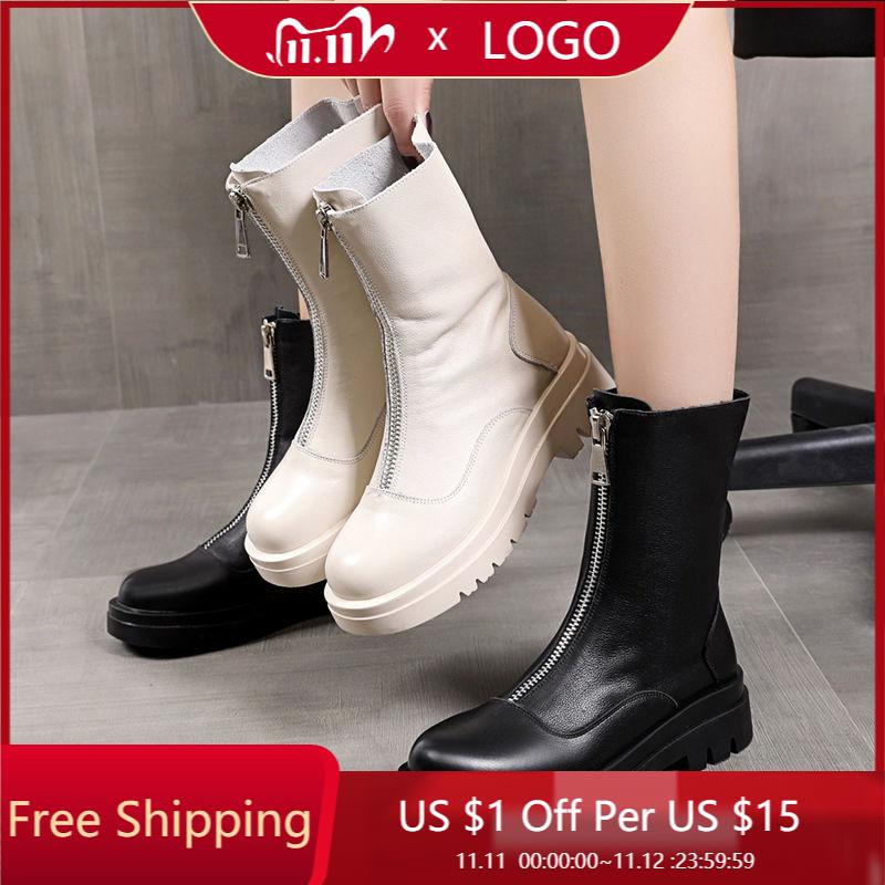 马丁靴女英伦风2020新款秋冬前拉链增高百搭ins网红瘦瘦短靴厚底