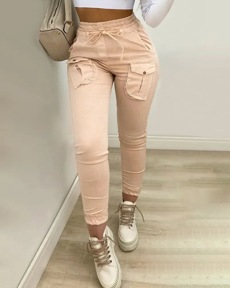 NEW Pocket Button Design Drawstring Cargo Pants