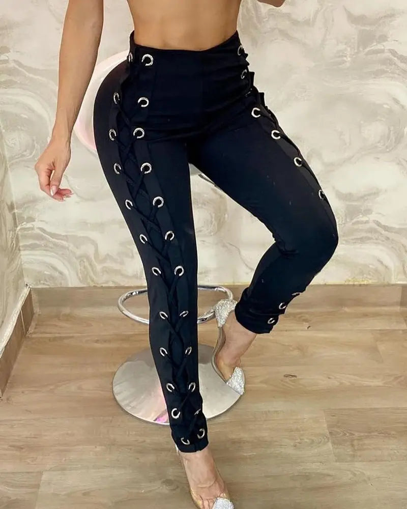 NEW High Waist Eyelet Lace-Up Pants
