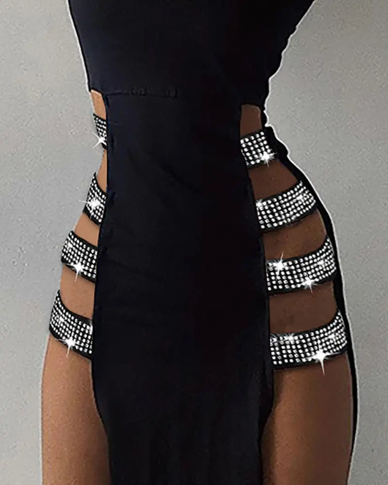NEW Mock Neck Sleeveless High Slit Rhinestone Maxi Dress