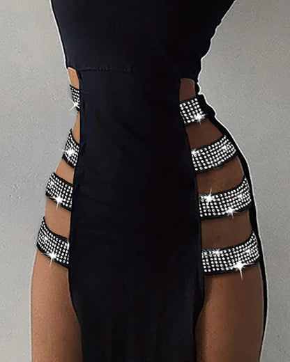 NEW Mock Neck Sleeveless High Slit Rhinestone Maxi Dress