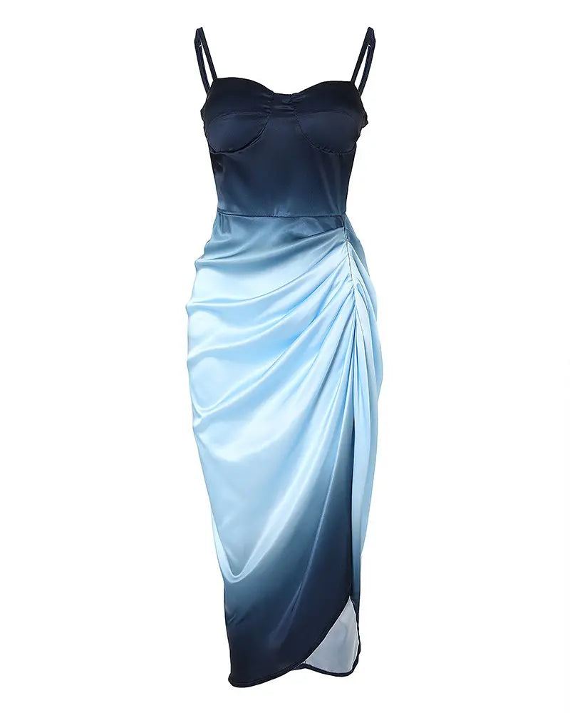 Ombre Ruched High Split Satin Dress