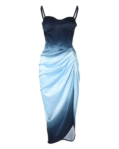 Ombre Ruched High Split Satin Dress