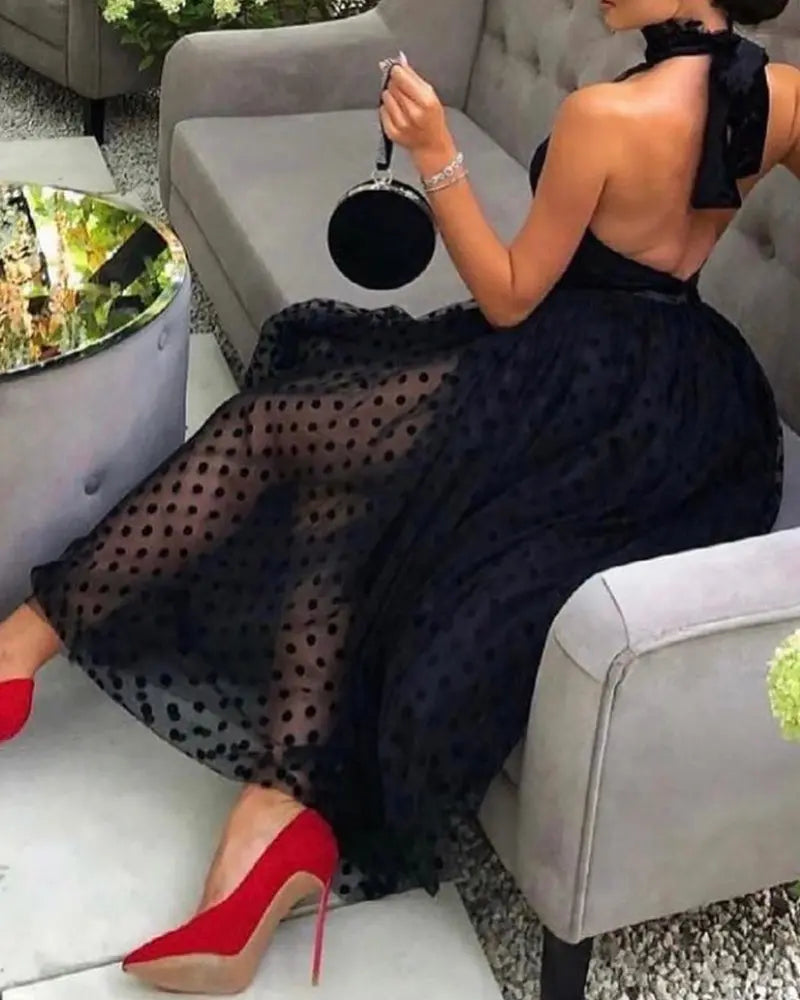 Halter Backless Dot Mesh Prom Dress