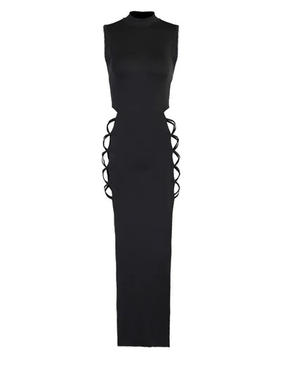 NEW Mock Neck Plain Sleeveless High Slit Maxi Dress