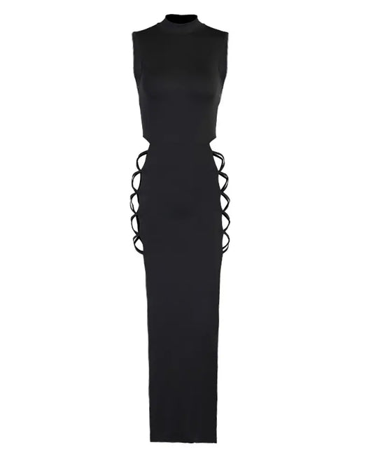 NEW Mock Neck Plain Sleeveless High Slit Maxi Dress